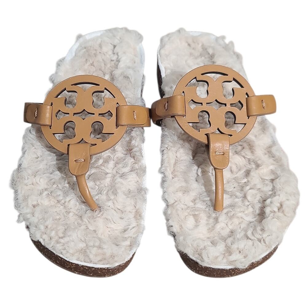 Tory Burch Miller Cloud Shearling Slide Sandals Size 7 Camel EUC Cork Footbed